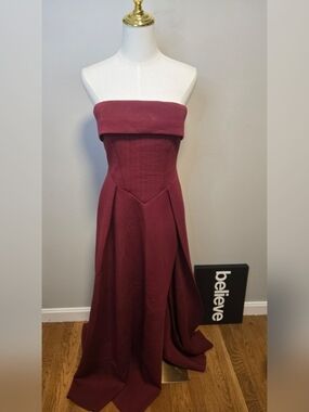 NWT Klesis Scuba Strapless Fold-Over Bodice Evening Gown in Wine Medium